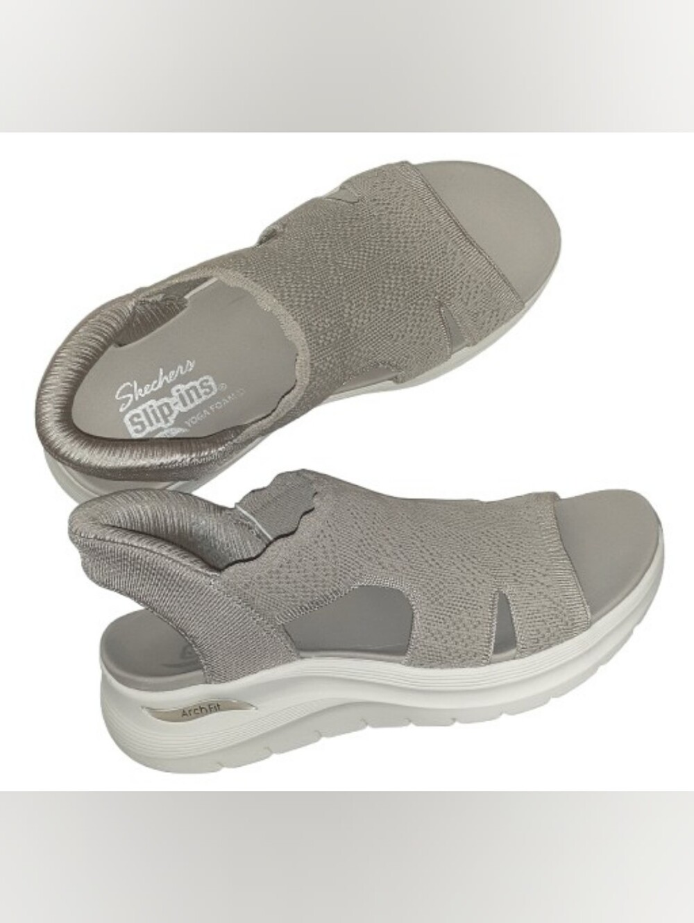 Skechers Taupe Stretch Knit Slip-On Wedge Sandals 8